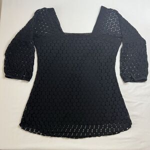 Black Crochet Lace Boho‎ Square Neck 3/4 Sleeve Top Size L Whimsy Goth Witchy